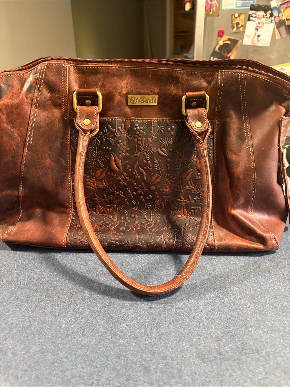 Brown Leather Embossed Shoulder Bag